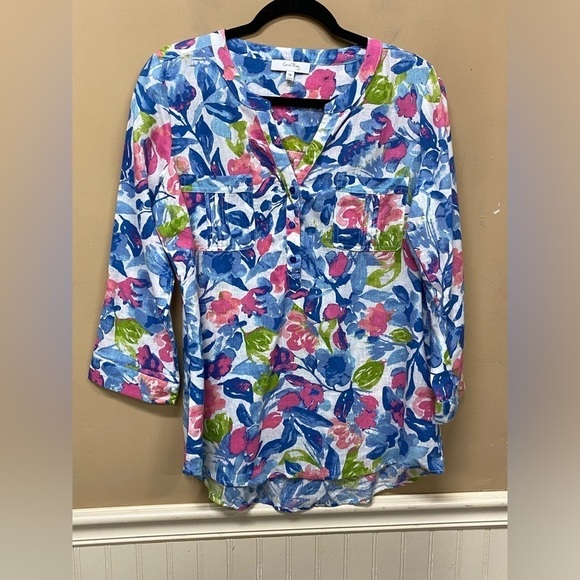 Coral Bay Linen Blend Tropical Floral Print Convertible 3/4 Sleeve Top Size M - Picture 1 of 6